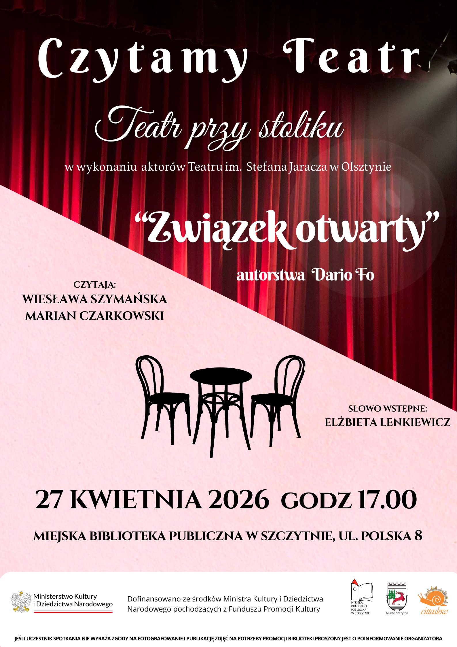 Czytamy Teatr - plakat na teatr przy stoliku, który odbędzie się 27 kwietnia 2026 r. o godz 17.00 w Miejskiej Bibliotece Publicznej w Szczytnie 