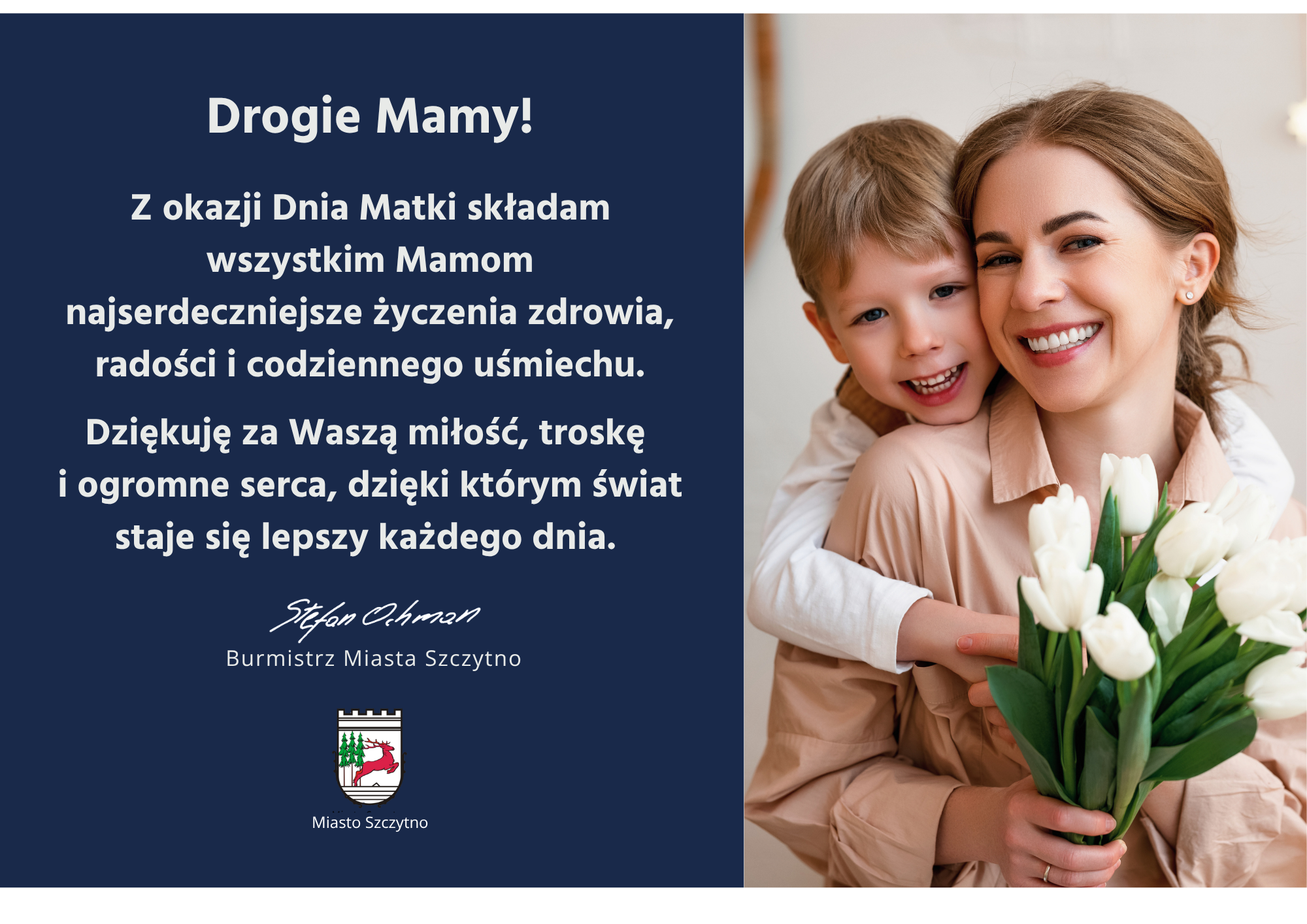 mama z białymi tulipanami i dziecko chłopiec 